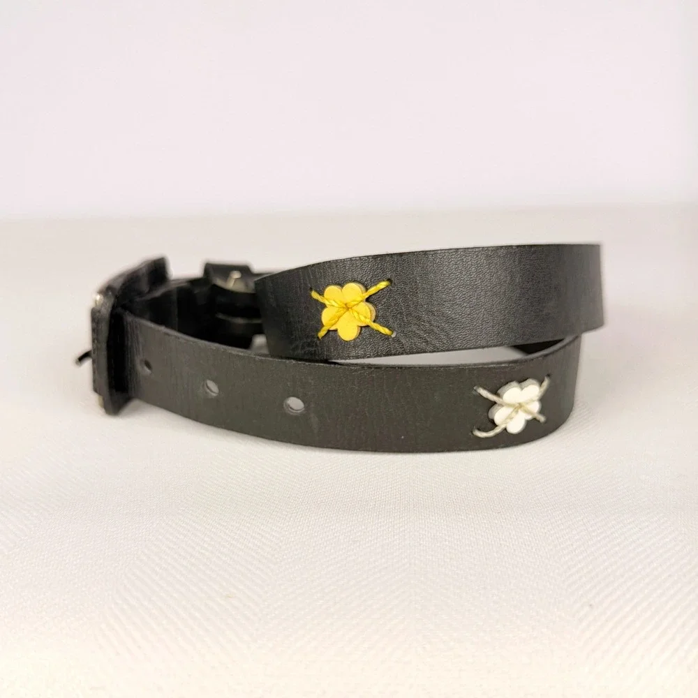 Boho Vintage Black Leather Flower Applique Belt Silver Roller Buckle Multi Color